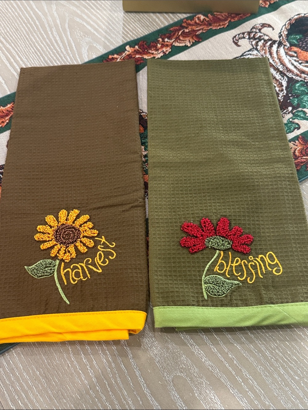 Embroidered Harvest & Blessing Kitchen Towels -Set of 2,Olive and Brown NWOT